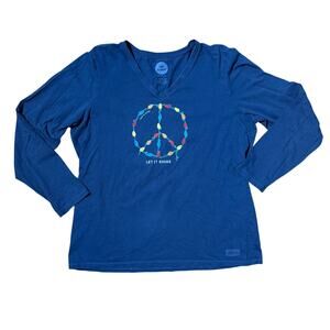 Life is Good Long Sleeve V Neck Peace Christmas SZ XL T Shirt Blue